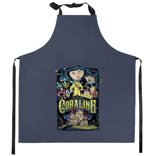 Coraline Kitchen Aprons, Coraline Doll Kitchen Aprons, Vintage Disney Halloween Party Kitchen Aprons