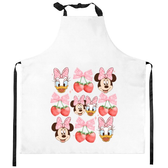 Vintage Minnie And Daisy Pink Bow Kitchen Aprons, Disney Coquette Strawberry Kitchen Aprons