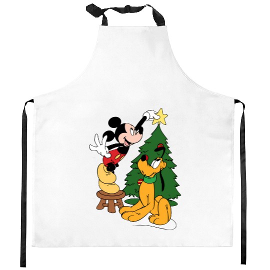 Mickey Mouse And Pluto Christmas Tree Kitchen Aprons,Christmas Disney Kitchen Aprons,Pluto Kitchen Aprons,Mickey Mouse Kitchen Aprons
