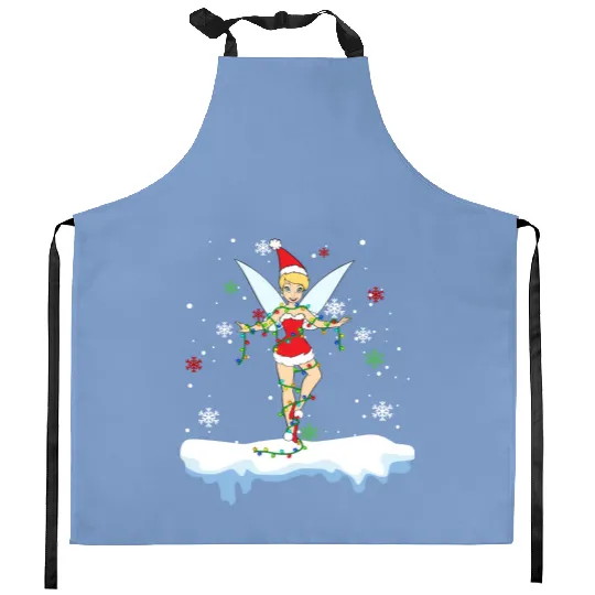 Disney Santa Tinker Bell Christmas Lights Kitchen Aprons, Peter Pan Tinker Bell Snow Kitchen Aprons