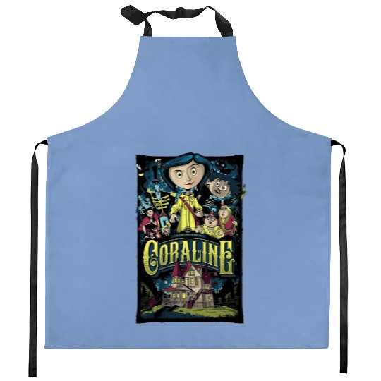 Coraline Kitchen Aprons, Coraline Doll Kitchen Aprons, Vintage Disney Halloween Unisex Kitchen Aprons