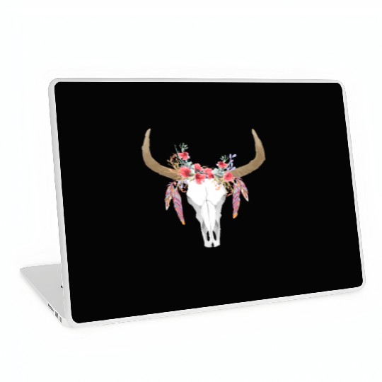 Floral Cow Skull With Feathers Bull Skull Laptop Skins