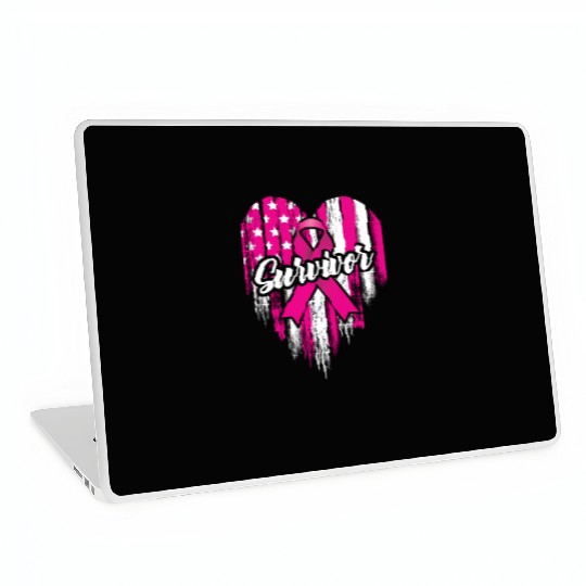 Breast Cancer Survivor Pink Ribbon American Flag Laptop Skins