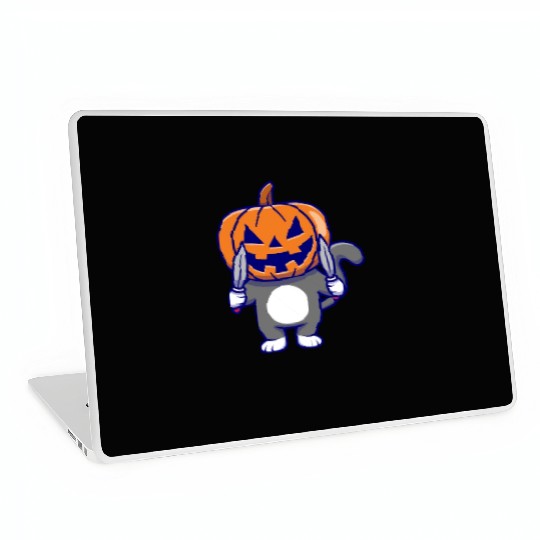 Cat With Pumpkin Head And Knife - Halloween Laptop Skins