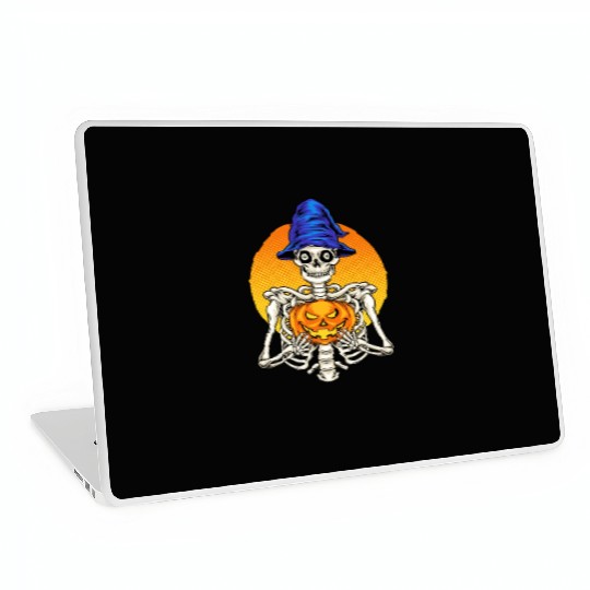 Skeleton Wizard With Scary Pumpkin - Halloween Laptop Skins