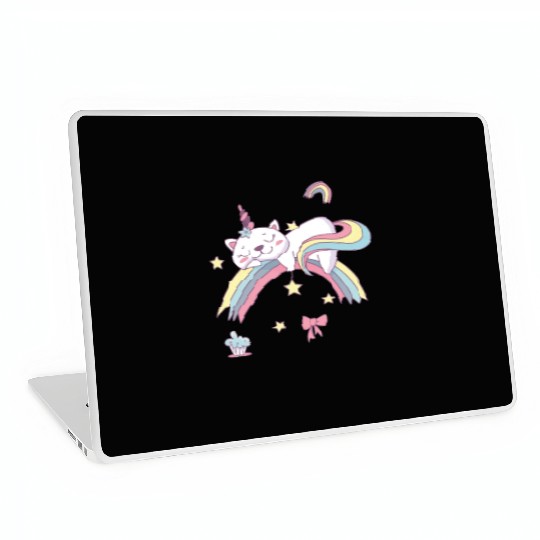 Unicorn Kawaii Cat Cartoon Over Rainbow Laptop Skins
