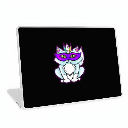 Cute Kawaii Cat With Purple Mask For Mardi Gras Laptop Skins