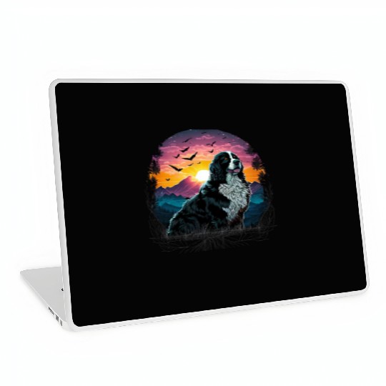 Bernese Mountain Dog with Mountain Sunrise view Laptop Skins