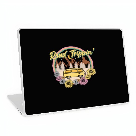 Retro Groovy Road Trip Laptop Skins with Van Flowers
