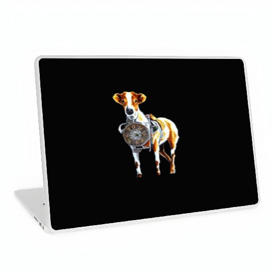 Brown White Greyhound Dog With Old Looking Clock Laptop Skins
