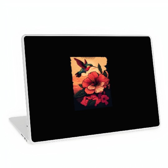 Hummingbird flies over hibiscus flower Tropical Laptop Skins