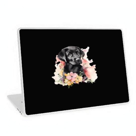 Black Lab Dog Watercolor Floral Laptop Skins