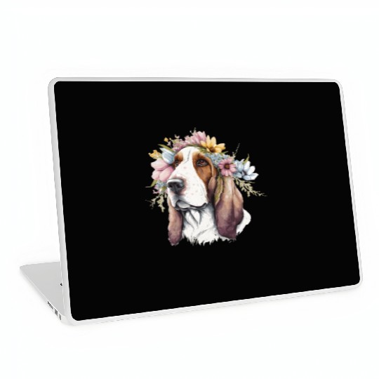 Cute Basset Hound Flower Crown Pet Dog Breed Flora Laptop Skins