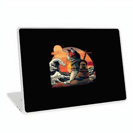 Retro samurai cat The Great Wave Hokusai Laptop Skins