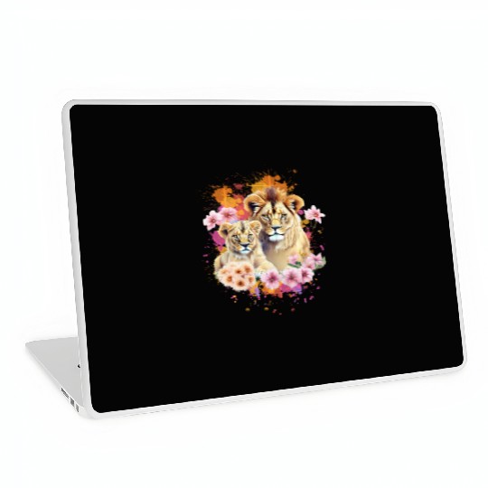 Lion Mom & Son Cubs with Flower Watercolor Laptop Skins