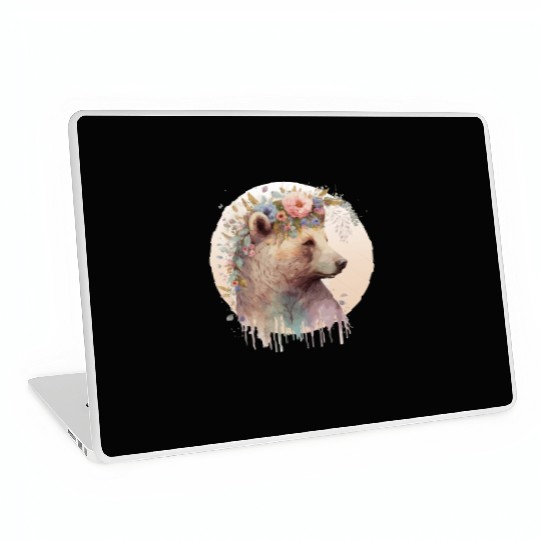 Brown Bear Watercolor Grizzly Bear Flower Crown Wi Laptop Skins