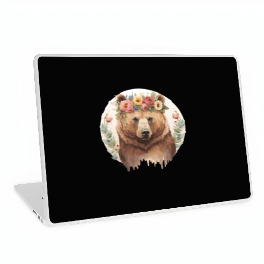 Cute Brown Bear Grizzly Flower Crown Animal Lovers Laptop Skins