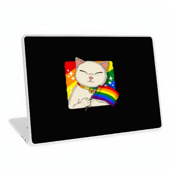 Cute Cat Holding LGBTQ Pride Flag Laptop Skins