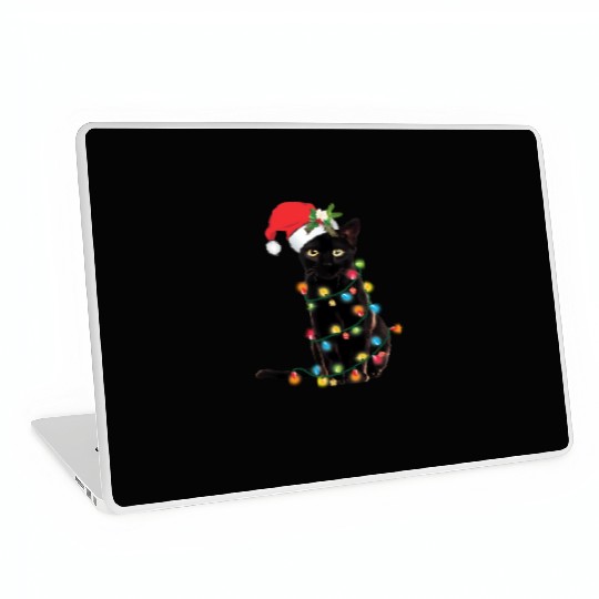 Black Cat Santa Tangled Up In Lights Laptop Skins
