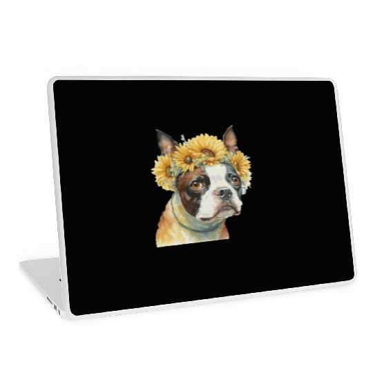 Cute Boston Terrier Sunflower Dog Breed Pet Puppy Laptop Skins