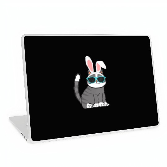 Happy Easter Cat With Bunny Ears And Glasses Cat Laptop Skins