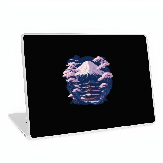 Mount Fuji and a Temple With Cherry Blossoms Laptop Skins