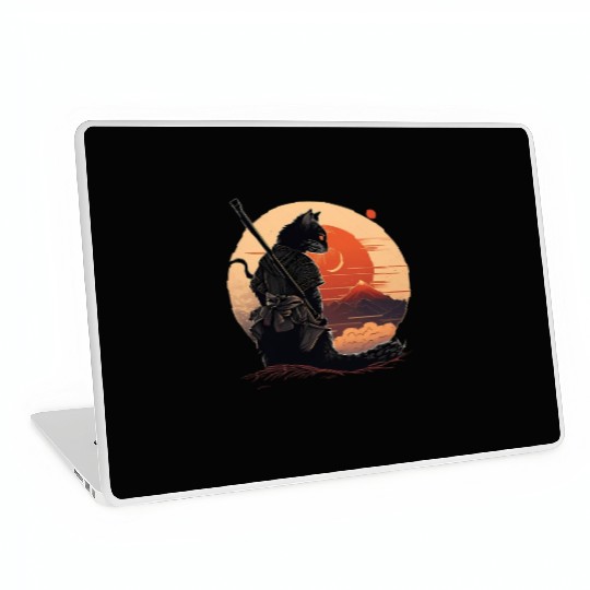 Vintage Japanese Sunset Style And Samurai Cat Kitt Laptop Skins