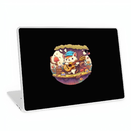 Cute Kawaii Cat Playing Guitar Banjo On Log Laptop Skins
