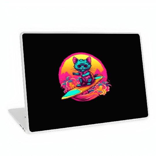 Cool Retro Surfing Cat Laptop Skins