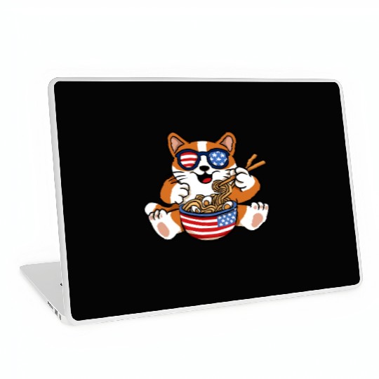 American Flag Cat Eating Ramen Food Lover Design Laptop Skins