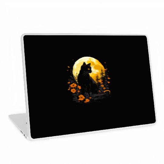 Black cat under the moon and Wild flowers Laptop Skins