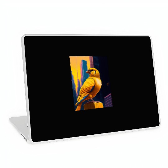 Photo of of a huge gold finch bird in a fusion cit Laptop Skins