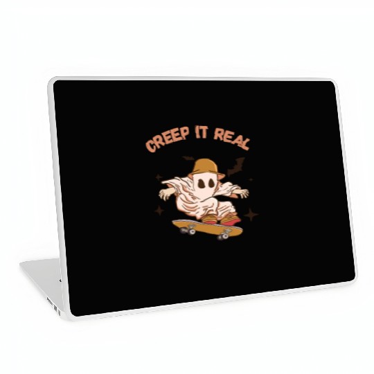 Halloween Creep It Real Retro Skateboarding Ghost Laptop Skins