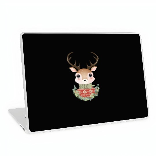 cute deer with sweater and Christmas wreath Laptop Skins