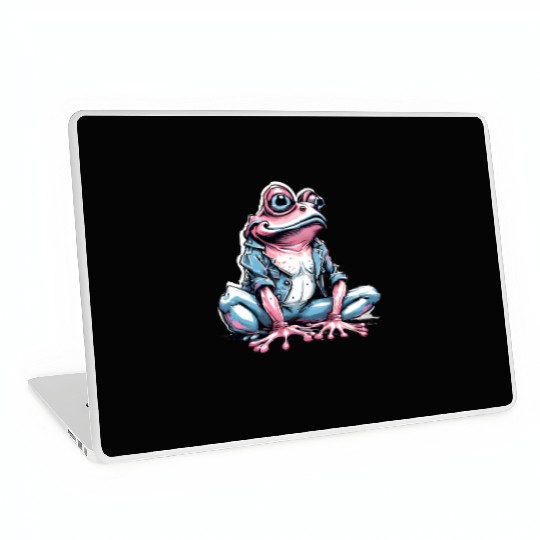 Cute pink frog with denim Laptop Skins