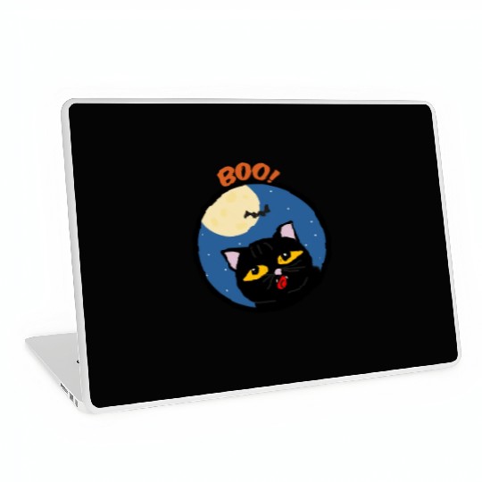 Boo cat in the moon light with a bat Halloween Laptop Skins