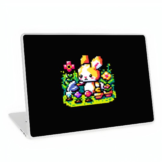 8-Bit Bunny Gardener: Retro Digital Garden Scene Laptop Skins