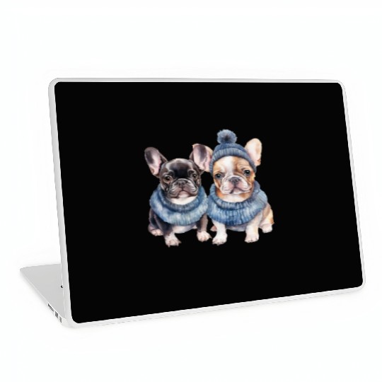 Winter Christmas Bulldogs with Blue Hats Laptop Skins