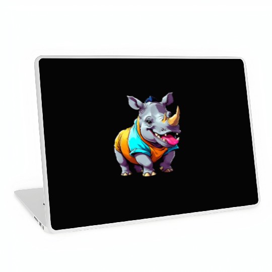 A Cartoonish Rhinoceros in a Playful Pose Laptop Skins