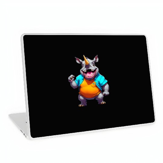A Cartoonish Rhinoceros in a Playful Pose Laptop Skins