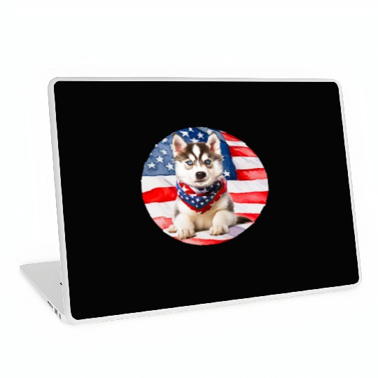 beautiful Siberian Husky with American Flag Laptop Skins