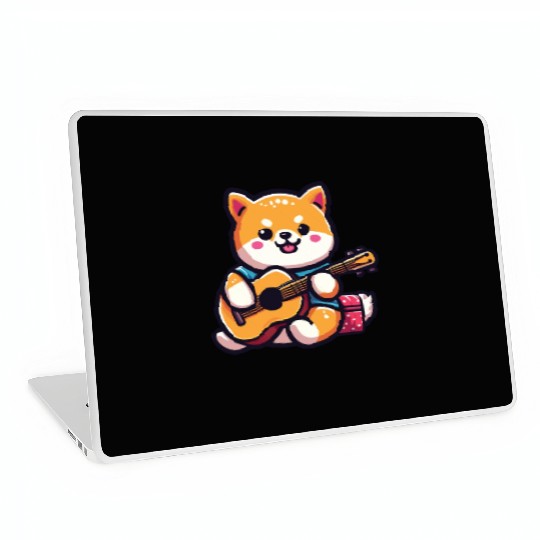 Cute Shiba Inu Playing Guitar Geek Cartoon Laptop Skins