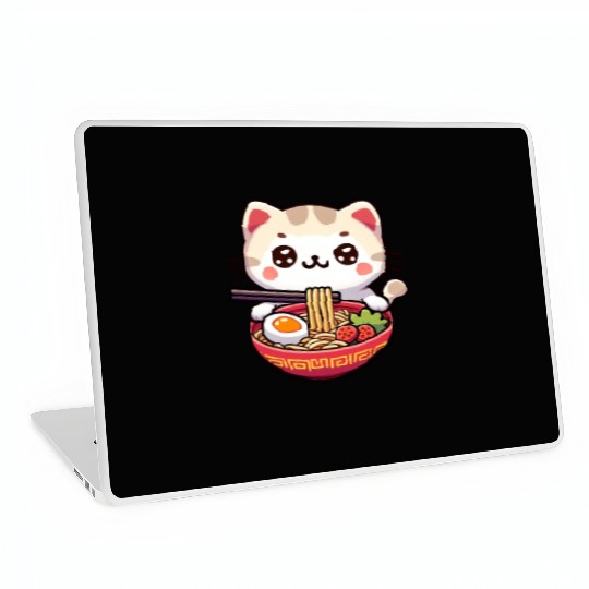Cute Cat Eating Ramen Laptop Skins