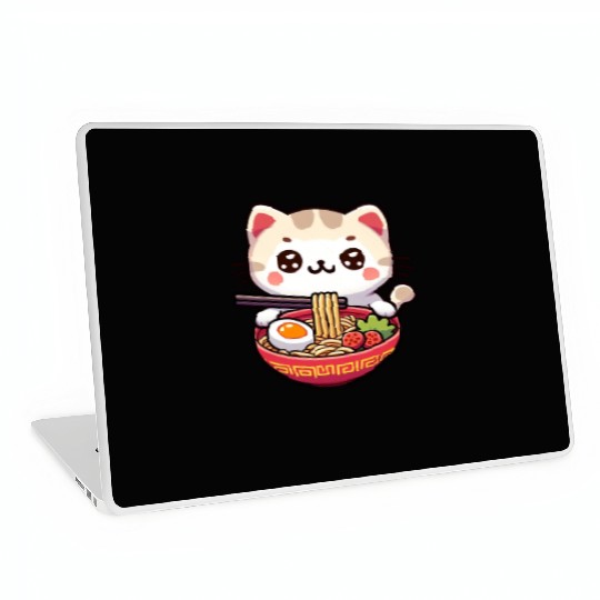 Cute Cat Eating Ramen Laptop Skins