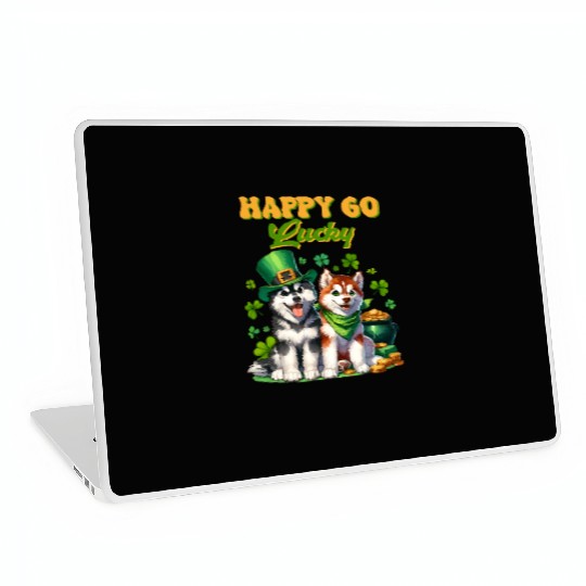 Happy Go Lucky Cute Husky St Patricks Day Laptop Skins