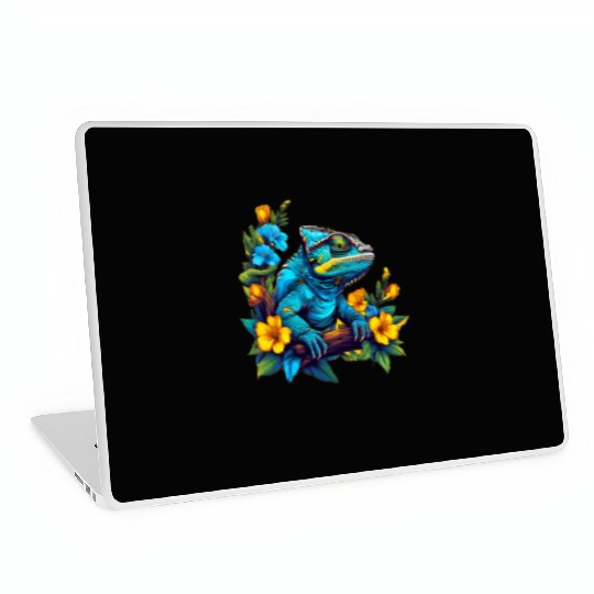 Chameleon Sitting on Branch Surrounded by Flowers Laptop Skins