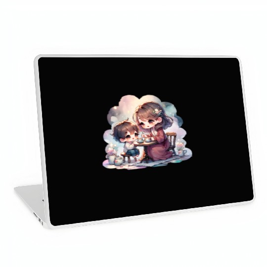 Mother and Son Enjoying a Cozy Tea Party Laptop Skins