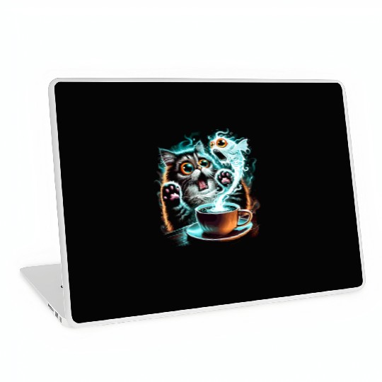 Hilarious Scared Cat and Ghost Fish Design Laptop Skins