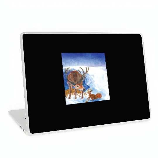 Red Deer and Squirrel in Winter Illustration Laptop Skins