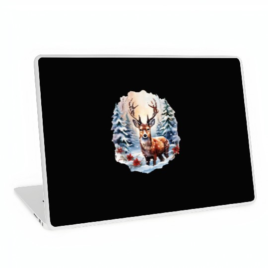 Christmas Deer with Poinsettia and Snow Laptop Skins